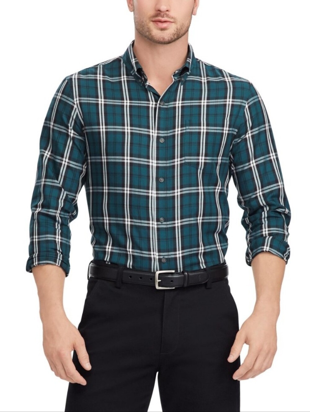 Chaps Men's Double Windowpane Woven Twill Button Down Shirt - Green - XL